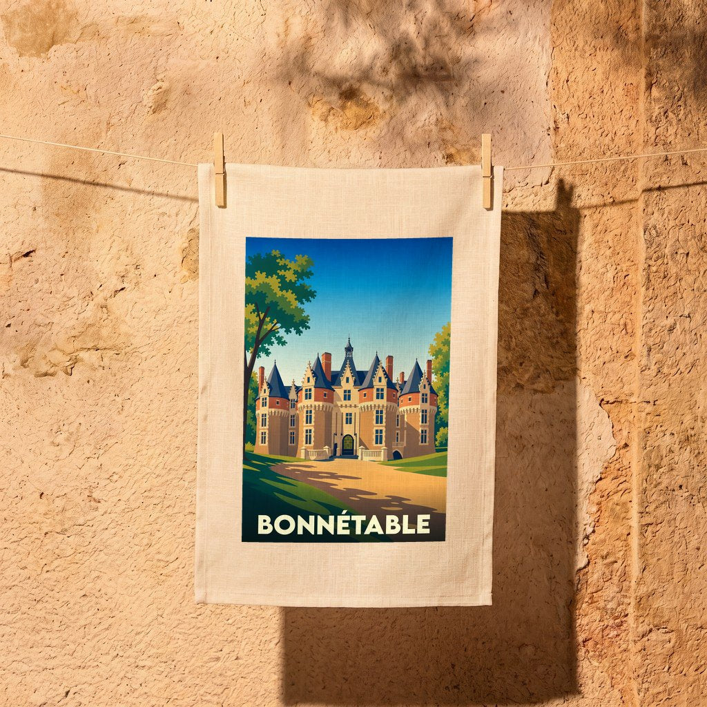 Torchon souvenir de la ville de Bonnétable avec une illustration stylisée de son château.