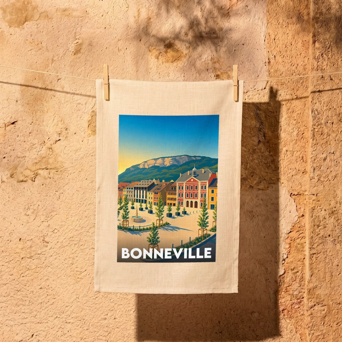Torchon souvenir de la ville de Bonneville avec une illustration stylisée de sa place centrale et des montagnes.