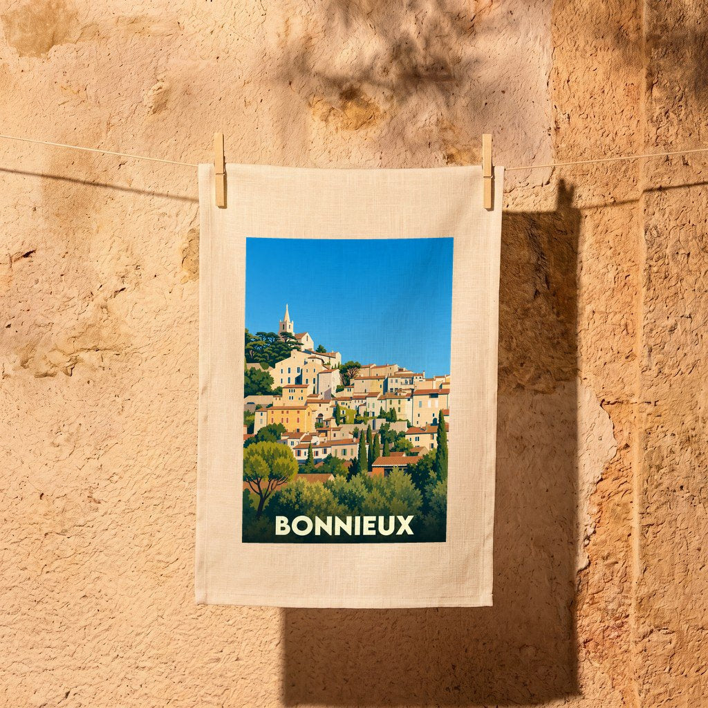 Torchon souvenir de la ville de Bonnieux avec une illustration stylisée de ses maisons provençales.
