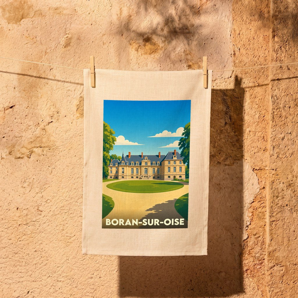 Torchon souvenir de la ville de Boran-sur-Oise avec une illustration stylisée de son château.