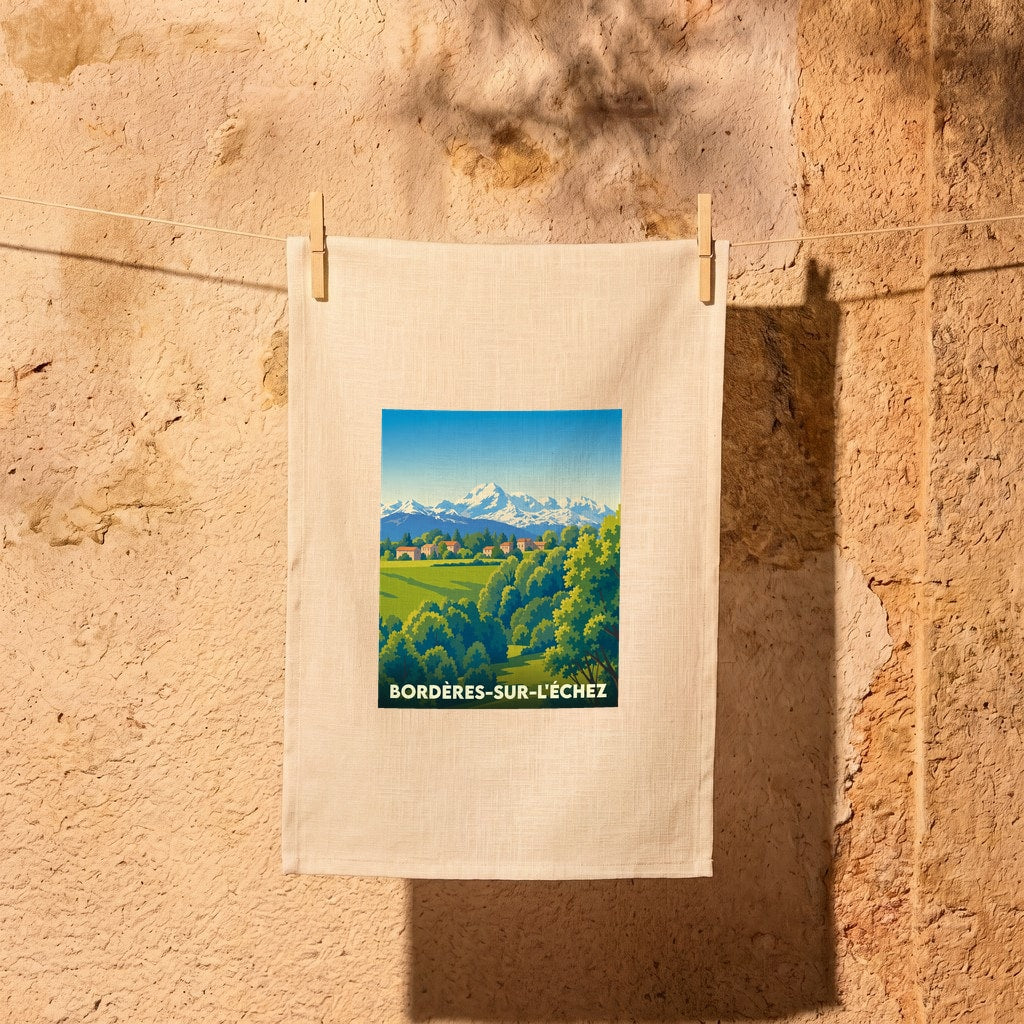 Torchon souvenir de la ville de Bordères-sur-l'Échez avec une illustration stylisée des Pyrénées.