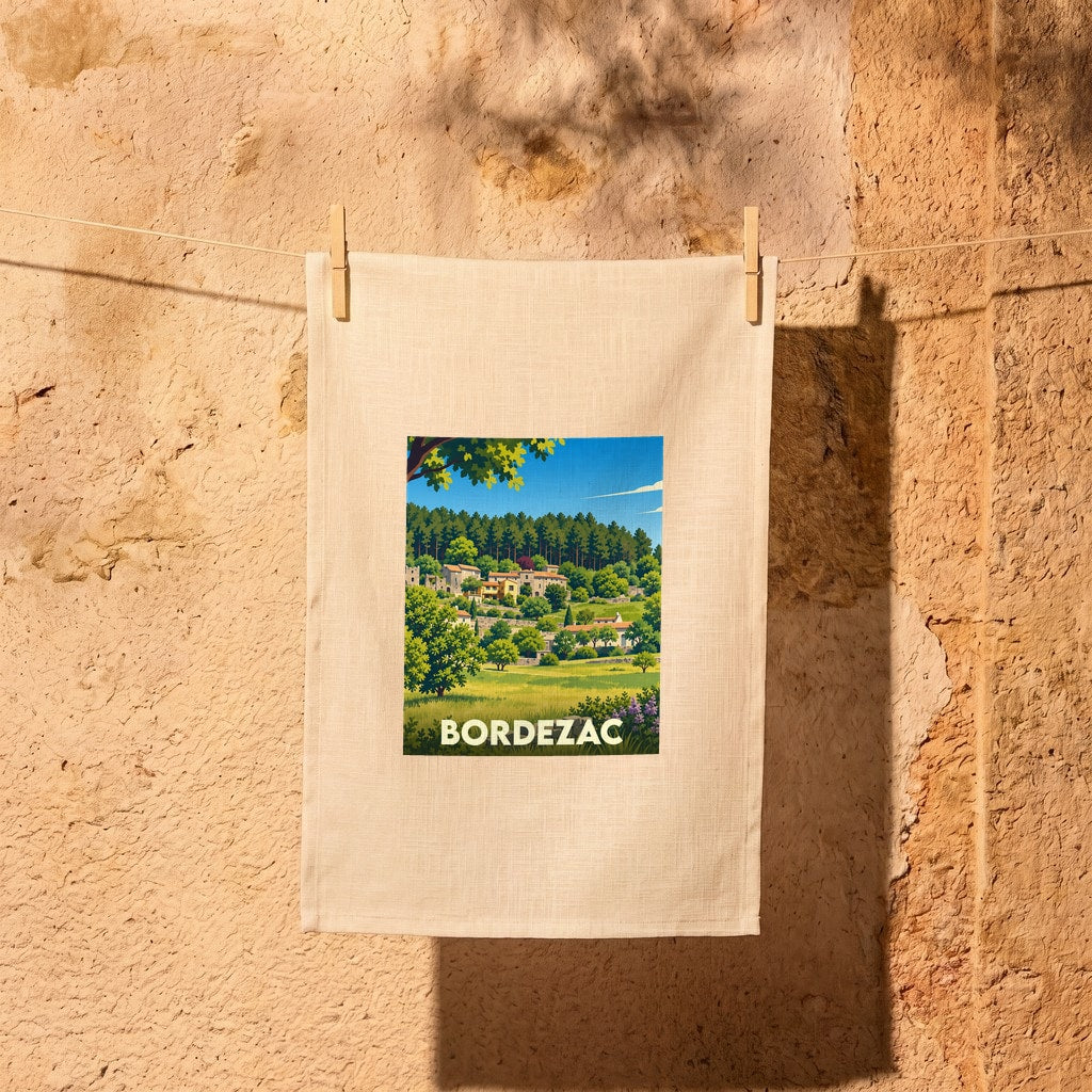 Torchon souvenir de la ville de Bordezac avec une illustration paysagère stylisée.