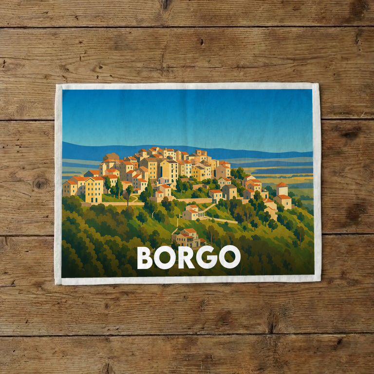 Torchon souvenir de la ville de Borgo avec une illustration stylisée d'un village perché.