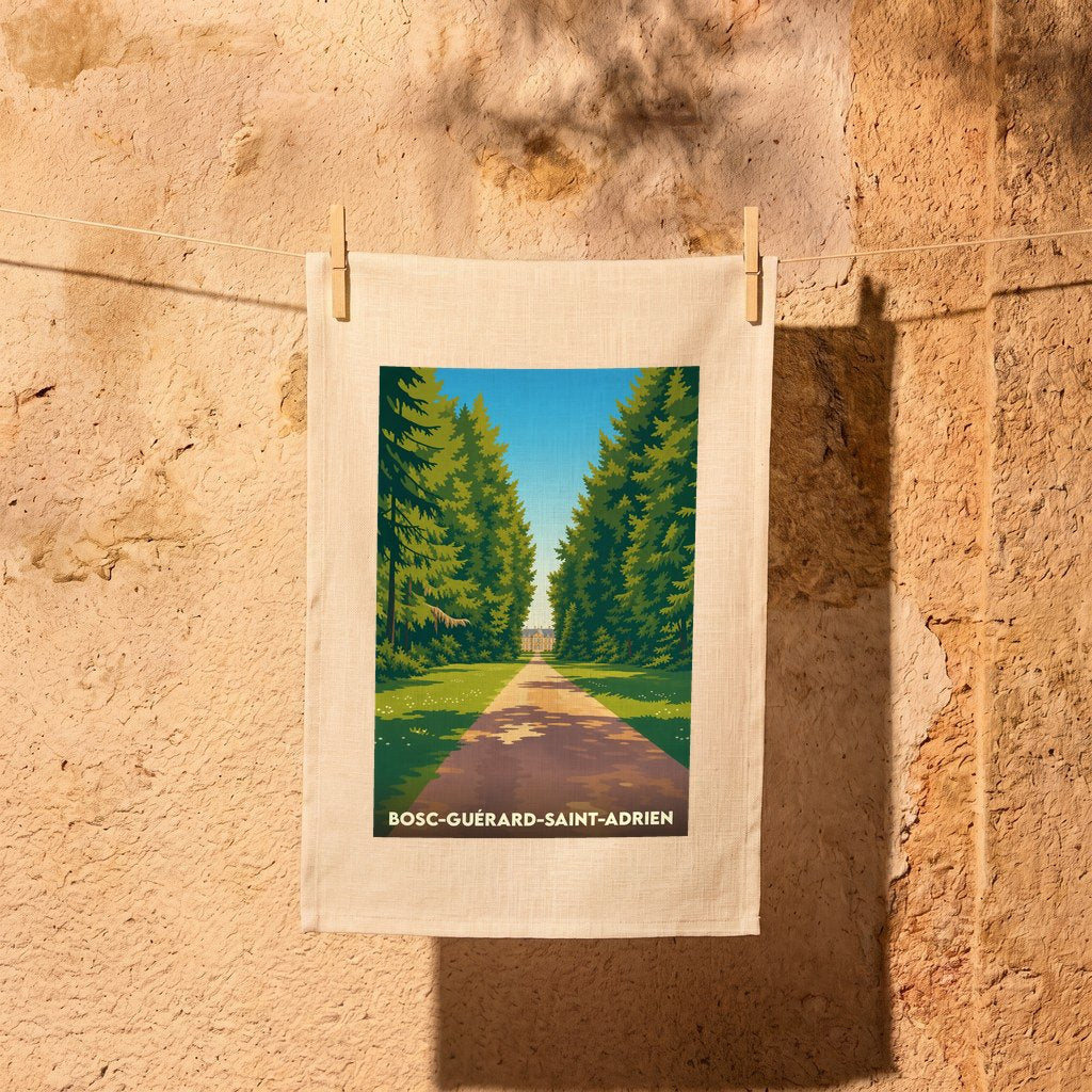 Torchon souvenir de la ville de Bosc-Guérard-Saint-Adrien avec une illustration stylisée d'une allée forestière.