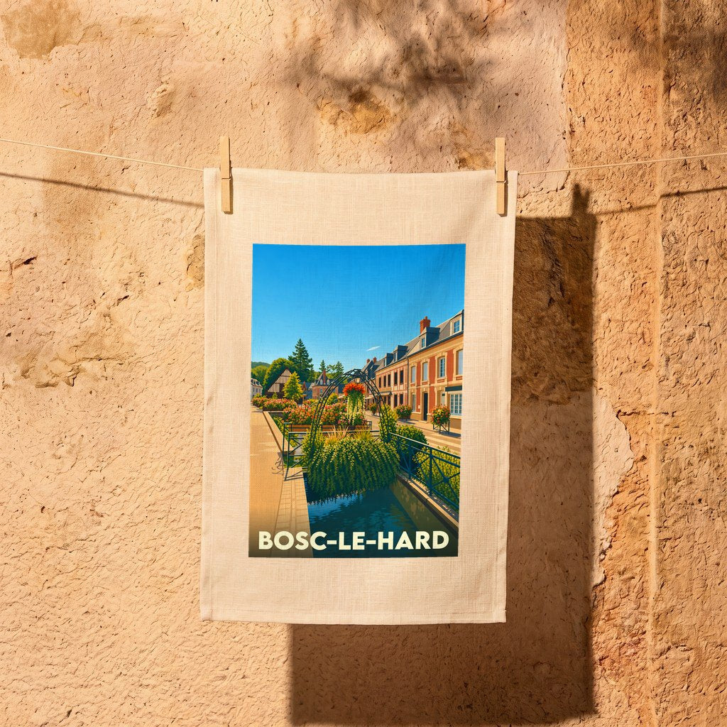 Torchon souvenir de la ville de Bosc-le-Hard avec une illustration stylisée et colorée.