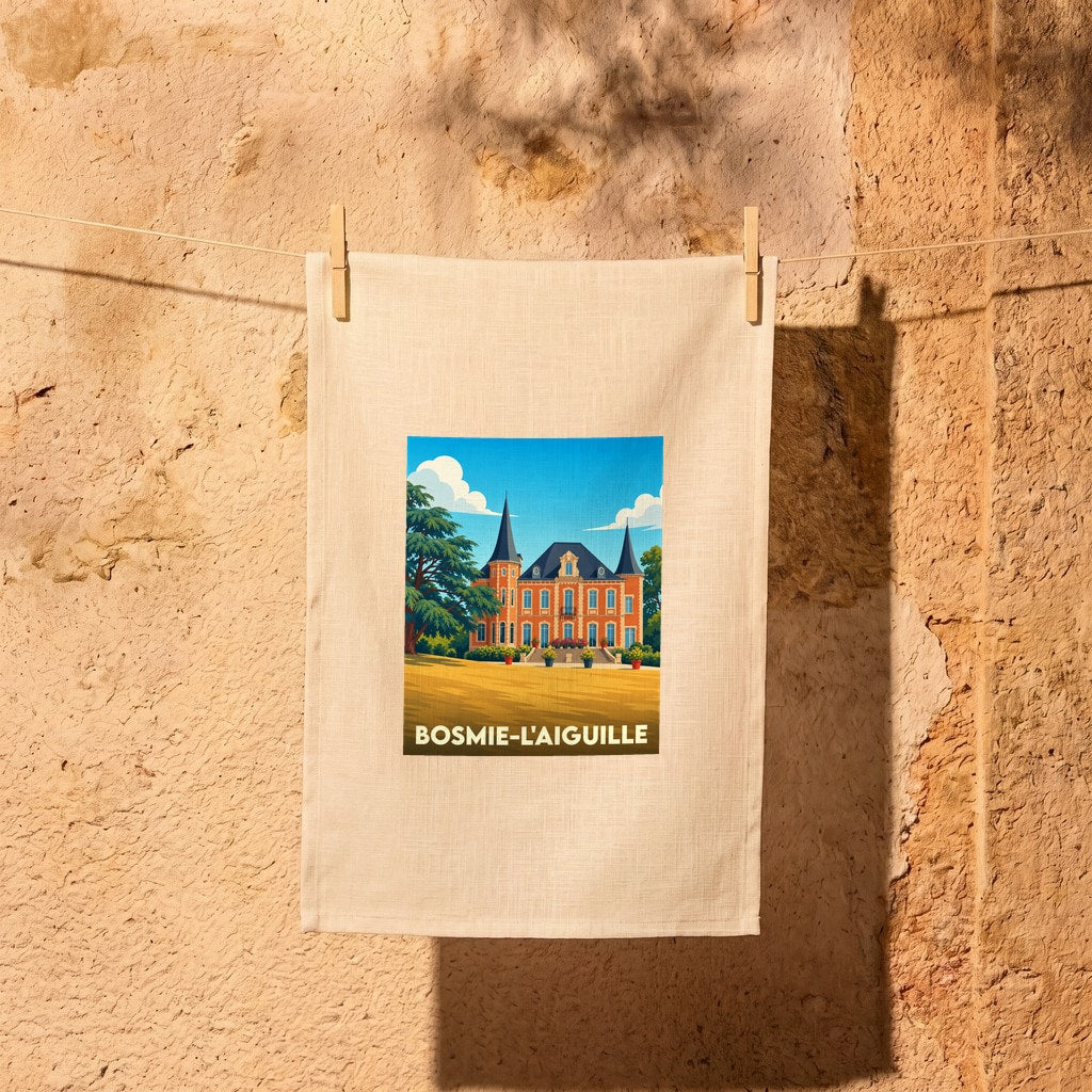 Torchon souvenir de la ville de Bosmie-l'Aiguille avec une illustration stylisée d'un château.