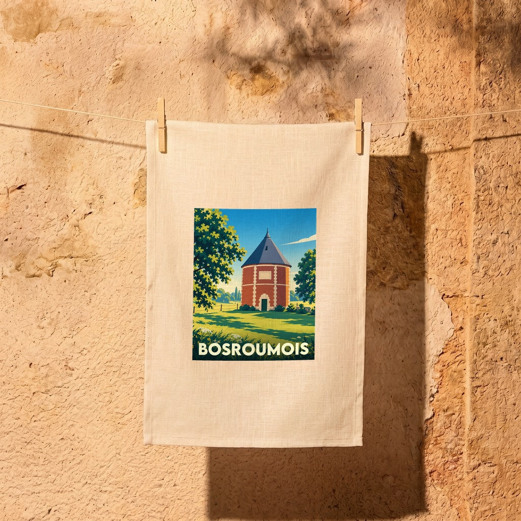 Torchon souvenir de la ville de Bosroumois avec une illustration stylisée d'un pigeonnier traditionnel.