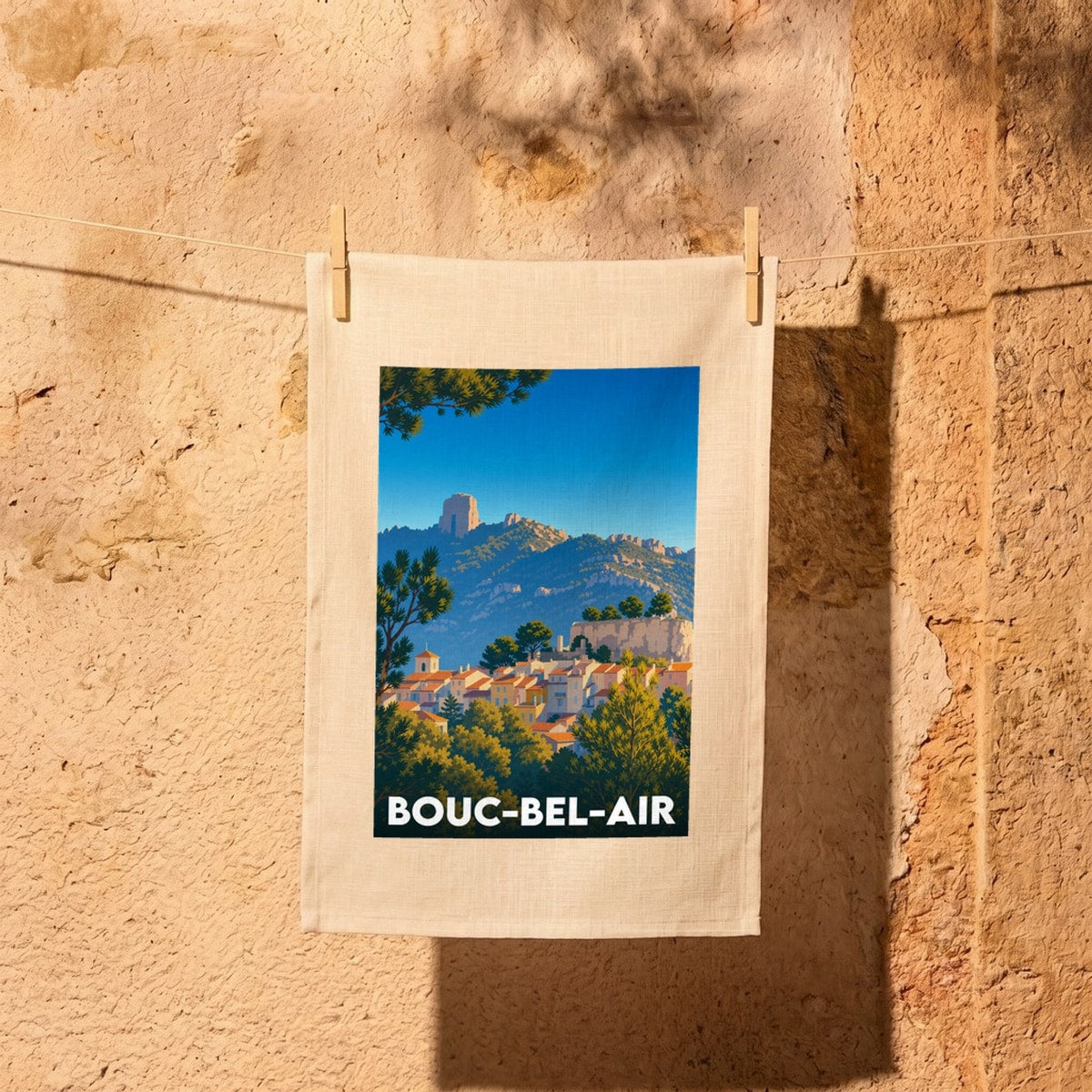 Torchon souvenir de la ville de Bouc-Bel-Air avec une illustration stylisée de son paysage.