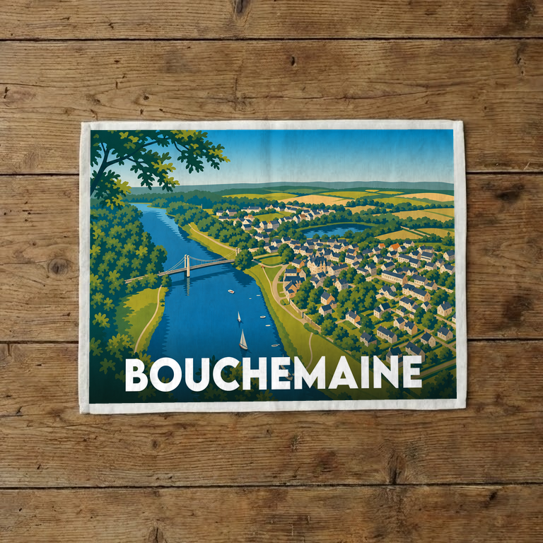 Torchon souvenir de la ville de Bouchemaine avec une illustration stylisée représentant les bords de Maine.