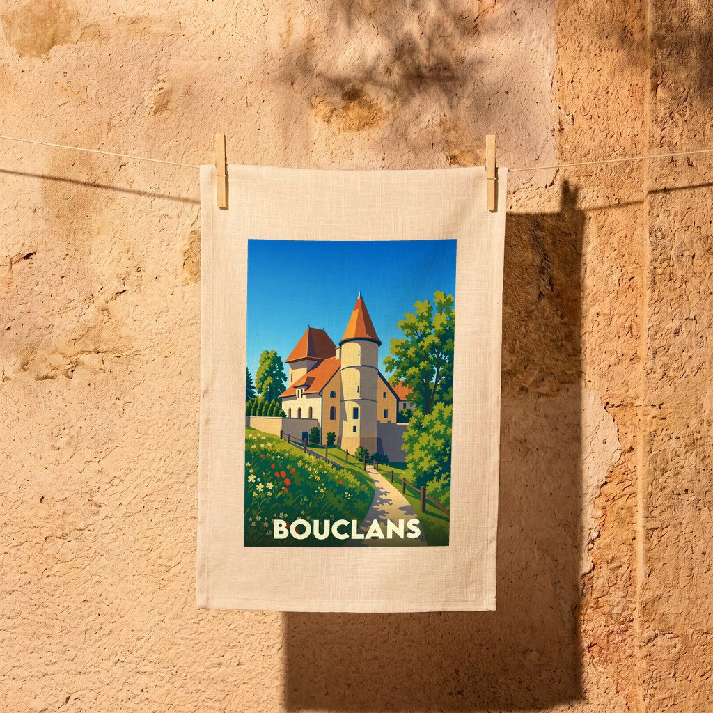 Torchon souvenir de la ville de Bouclans orné d'une illustration stylisée de son château.