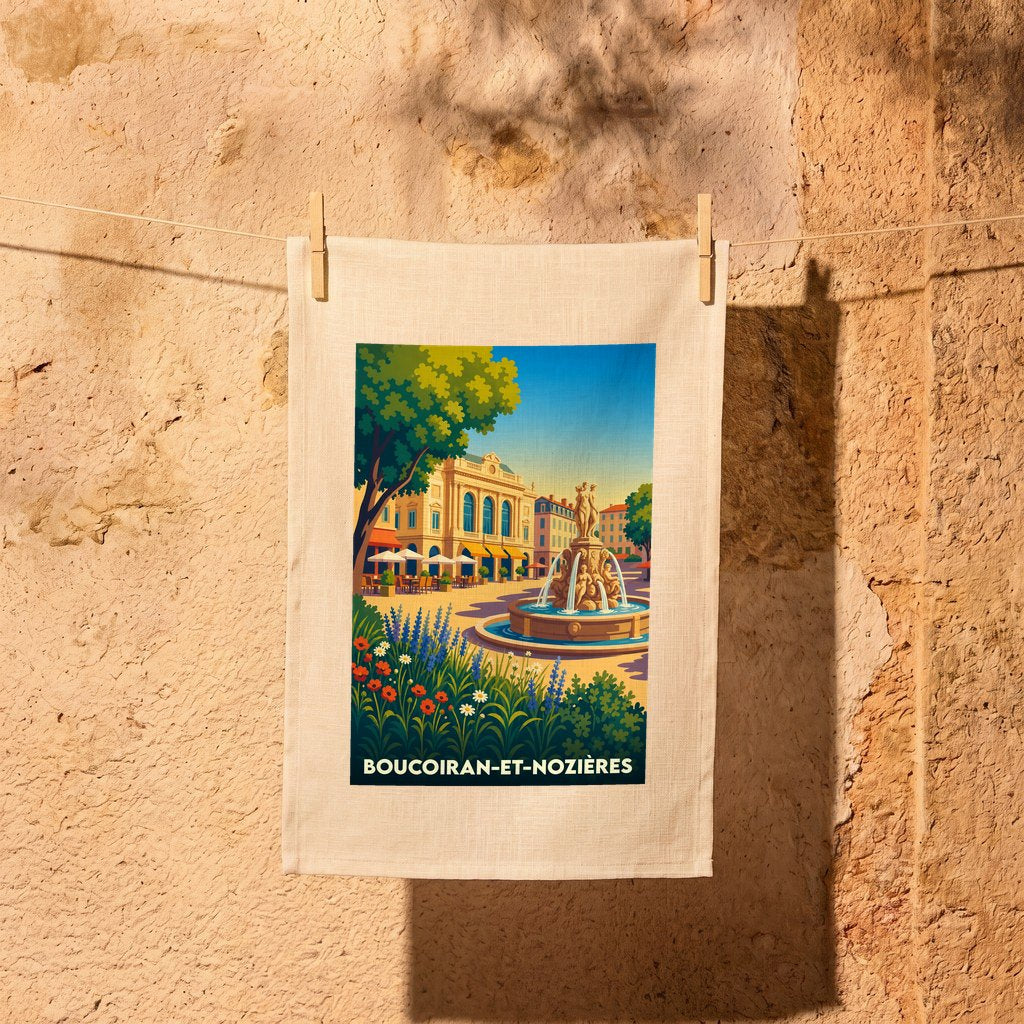 Torchon souvenir de la ville de Boucoiran-et-Nozières avec une illustration stylisée d'une place ensoleillée.