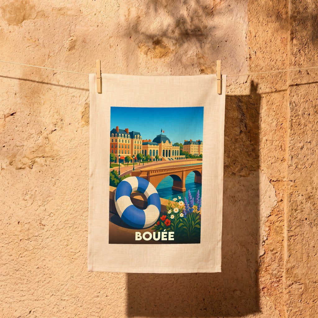 Torchon souvenir de la ville de Bouée avec une illustration colorée d'un paysage urbain au bord de l'eau.