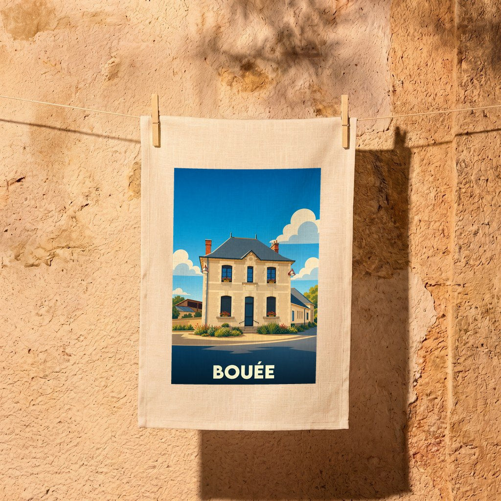 Torchon souvenir de la ville de Bouée avec une illustration stylisée de sa mairie.