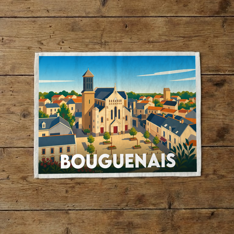 Torchon souvenir de la ville de Bouguenais avec une illustration stylisée.