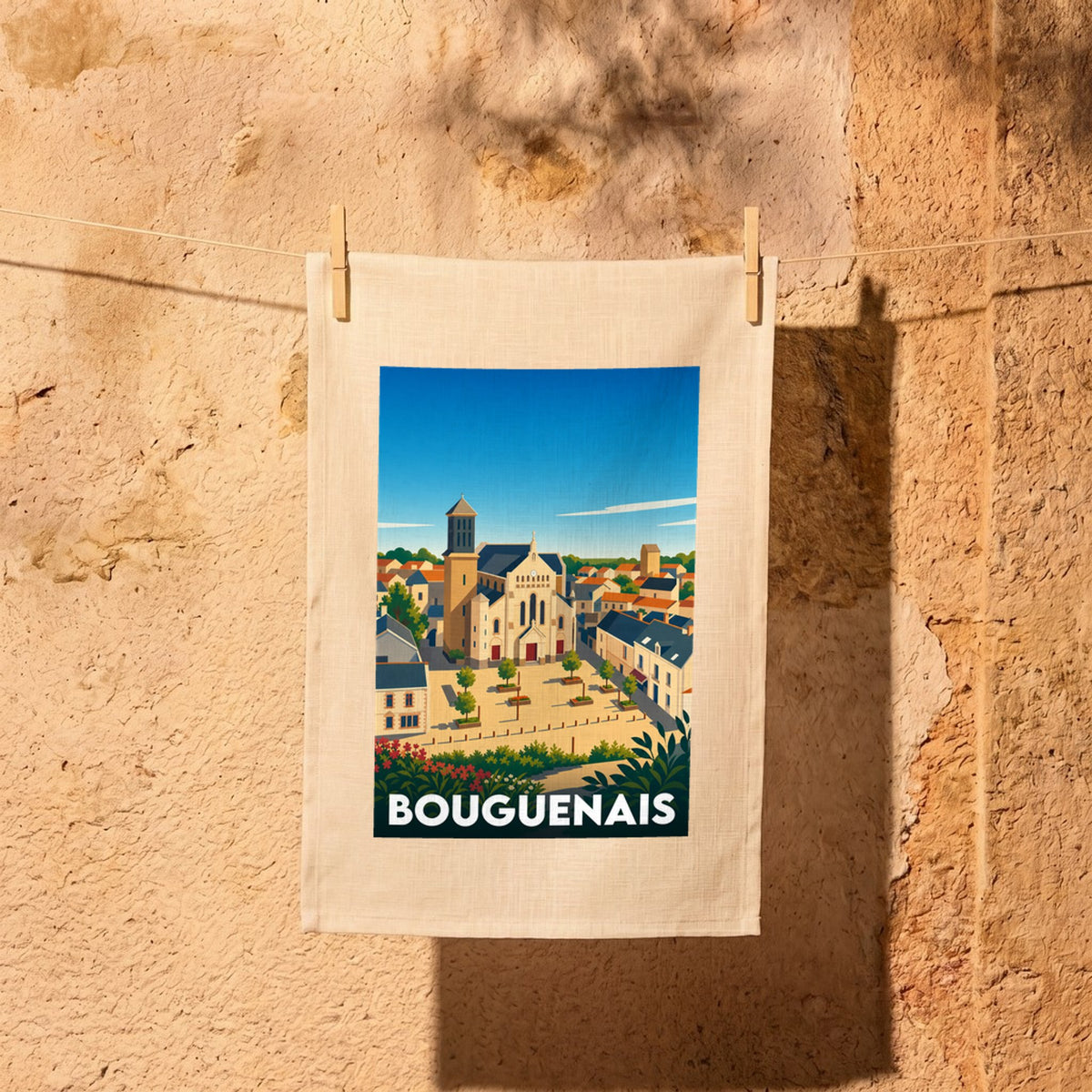 Torchon souvenir de la ville de Bouguenais avec une illustration stylisée.