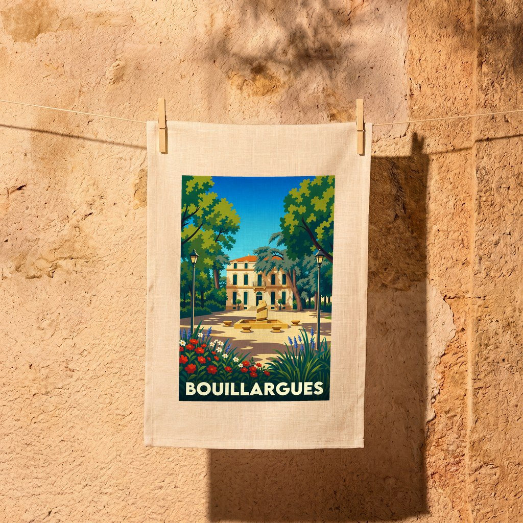 Torchon souvenir de la ville de Bouillargues avec une illustration stylisée.
