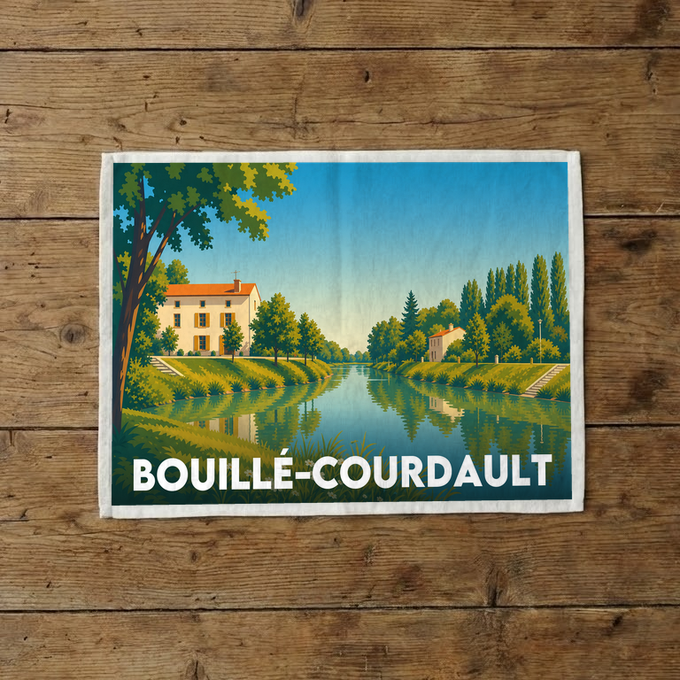 Torchon souvenir de la ville de Bouillé-Courdault avec une illustration paysagère stylisée.