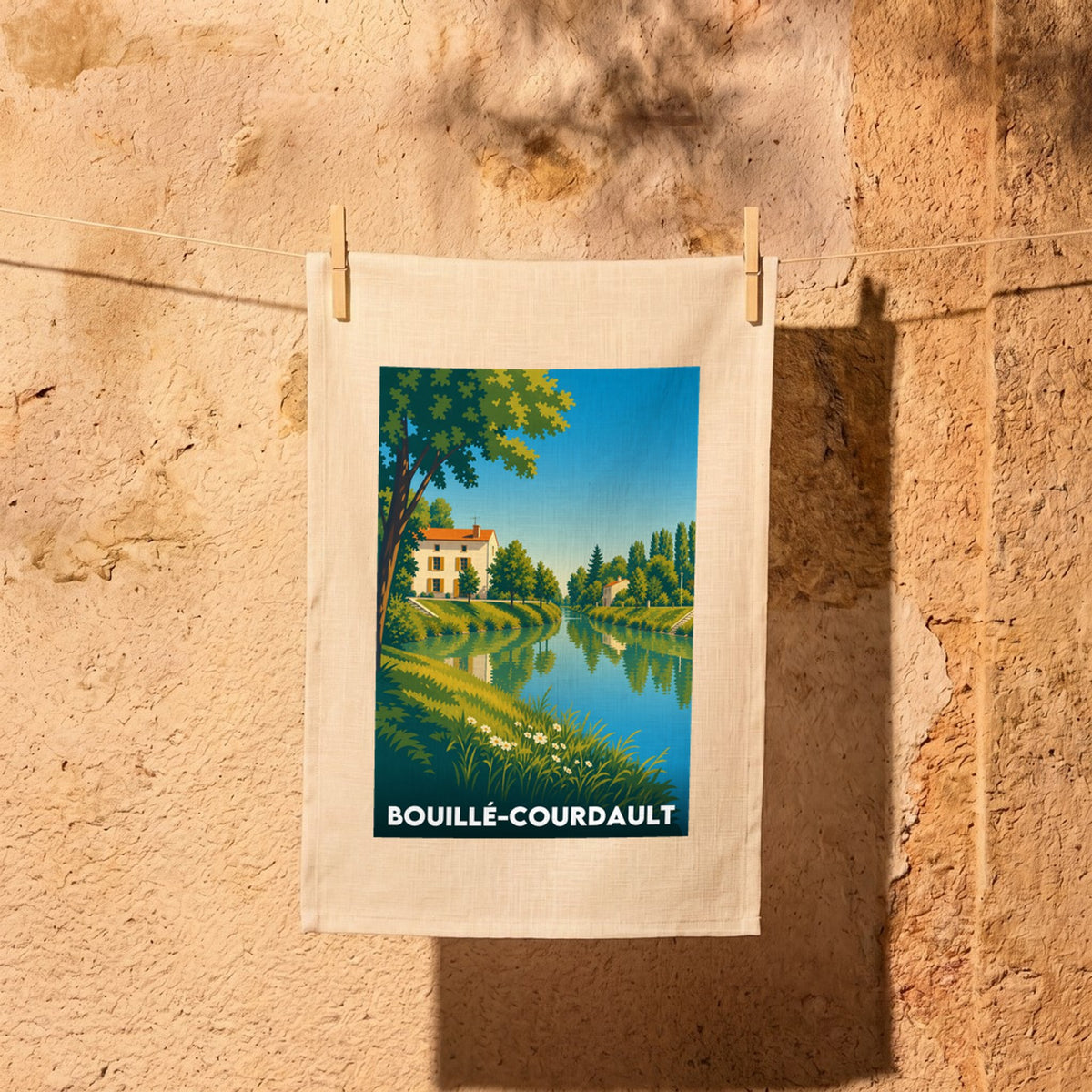Torchon souvenir de la ville de Bouillé-Courdault avec une illustration paysagère stylisée.