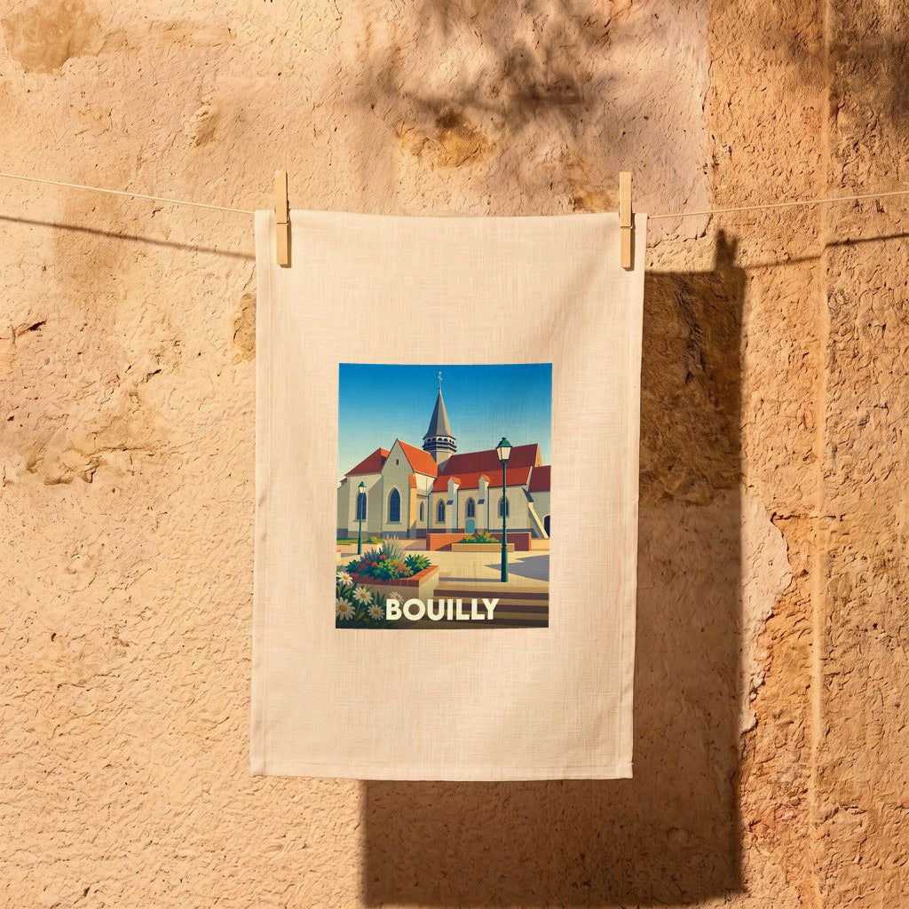 Torchon souvenir de la ville de Bouilly avec une illustration stylisée de son église.