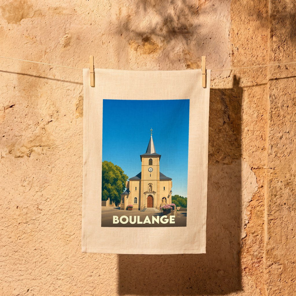 Torchon souvenir de la ville de Boulange avec une illustration stylisée d'une église locale.