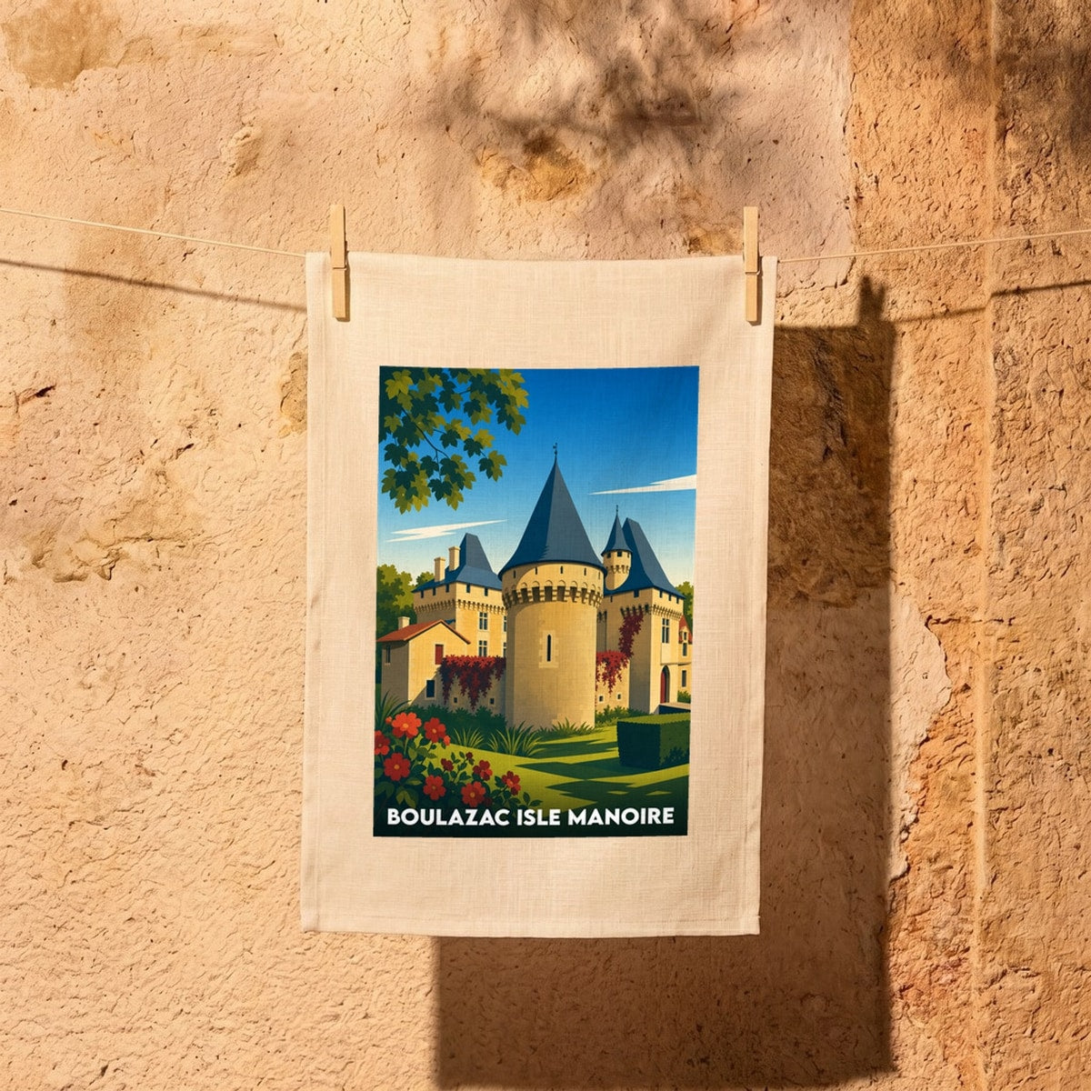 Torchon souvenir de la ville de Boulazac Isle Manoire avec une illustration stylisée de son patrimoine architectural.