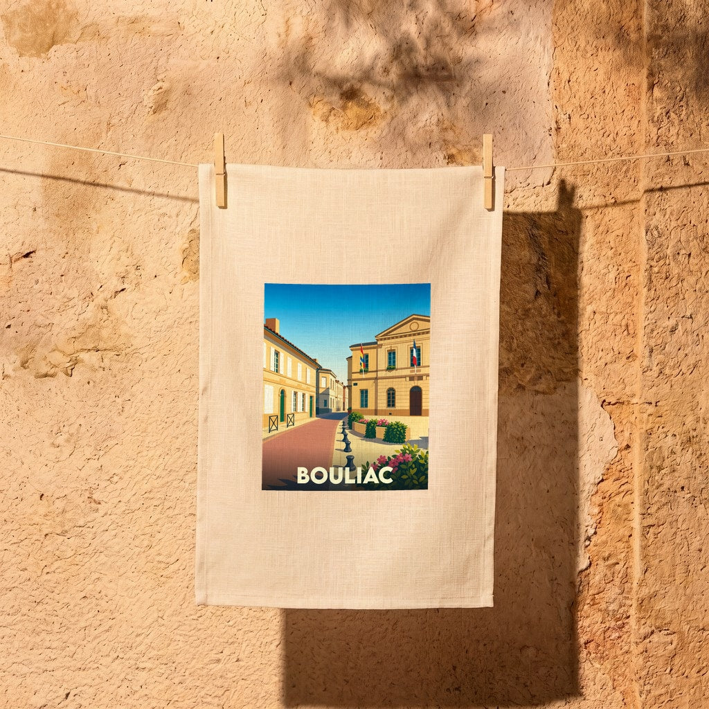Torchon souvenir de la ville de Bouliac avec une illustration stylisée.
