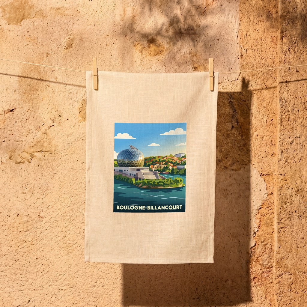 Torchon souvenir de la ville de Boulogne-Billancourt avec une illustration stylisée de la Seine Musicale.