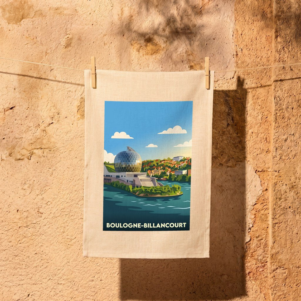 Torchon souvenir de la ville de Boulogne-Billancourt avec une illustration stylisée de la Seine Musicale.