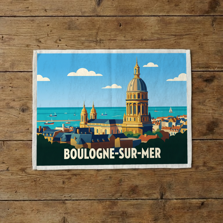 Torchon souvenir de la ville de Boulogne-sur-Mer avec une illustration stylisée.