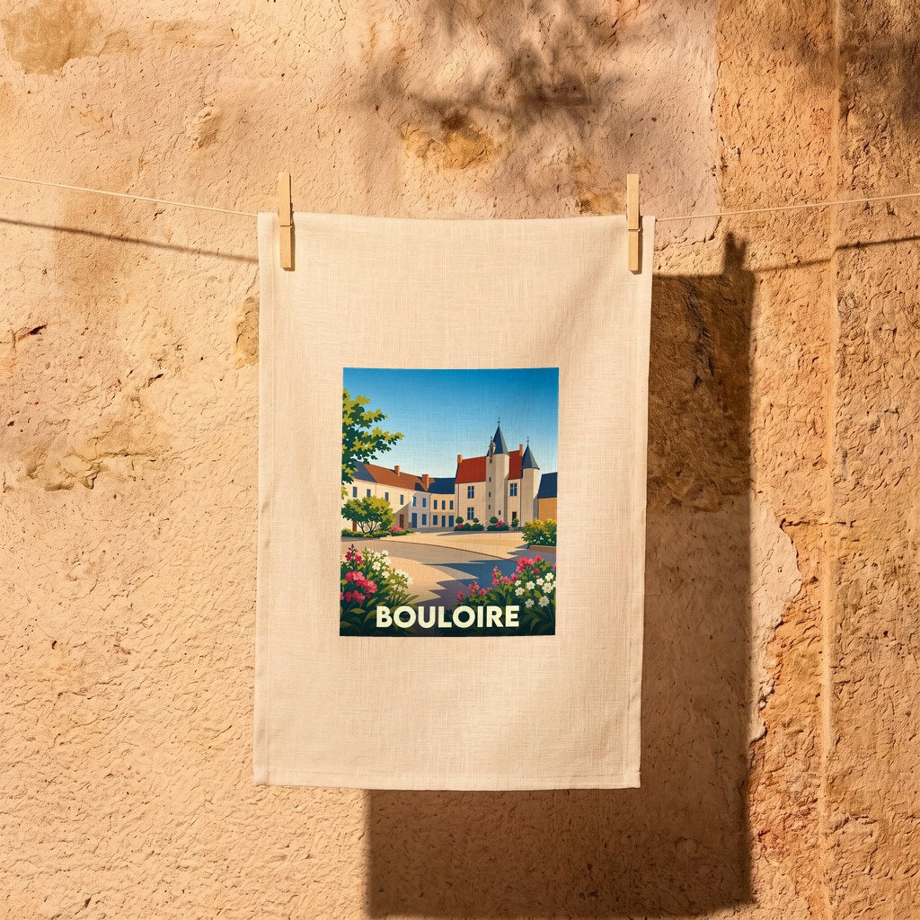 Torchon souvenir de la ville de Bouloire illustré d'une scène pittoresque stylisée, suspendu contre un mur en pierre.