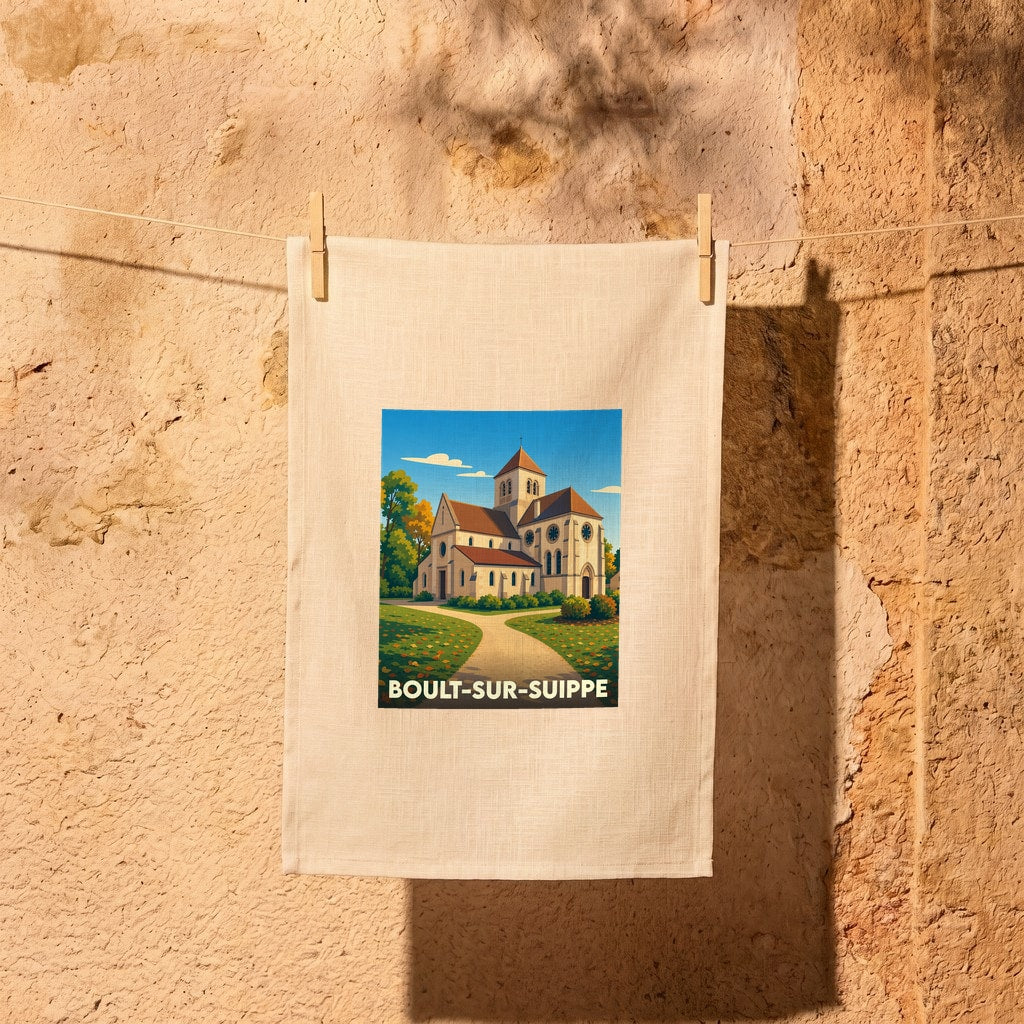 Torchon souvenir de la ville de Boult-sur-Suippe avec une illustration stylisée d'une église.