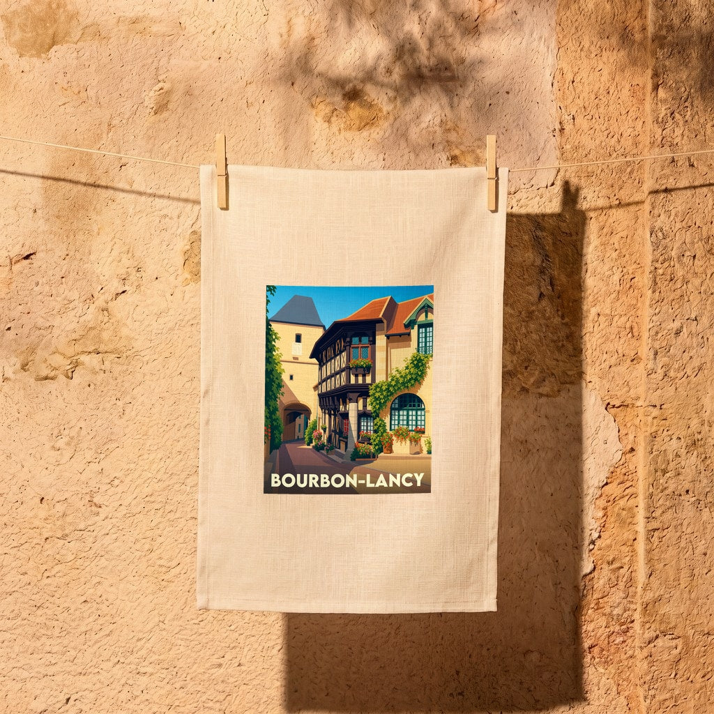 Torchon souvenir de la ville de Bourbon-Lancy avec une illustration colorée et stylisée d'une rue médiévale.