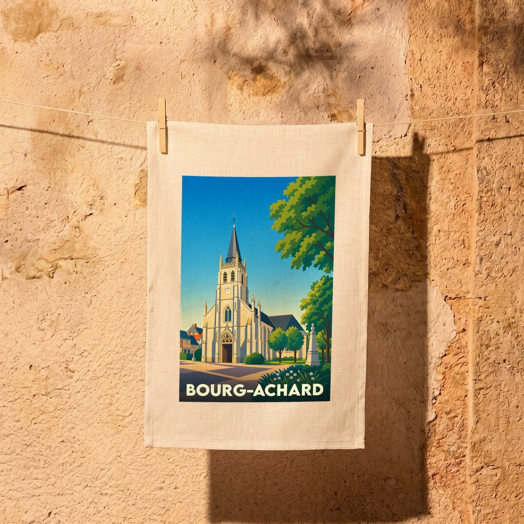 Torchon souvenir de la ville de Bourg-Achard illustré d'une église de style vintage.