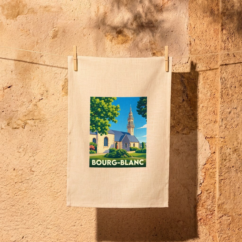 Torchon souvenir de la ville de Bourg-Blanc illustré d'une église de style breton entourée de verdure.