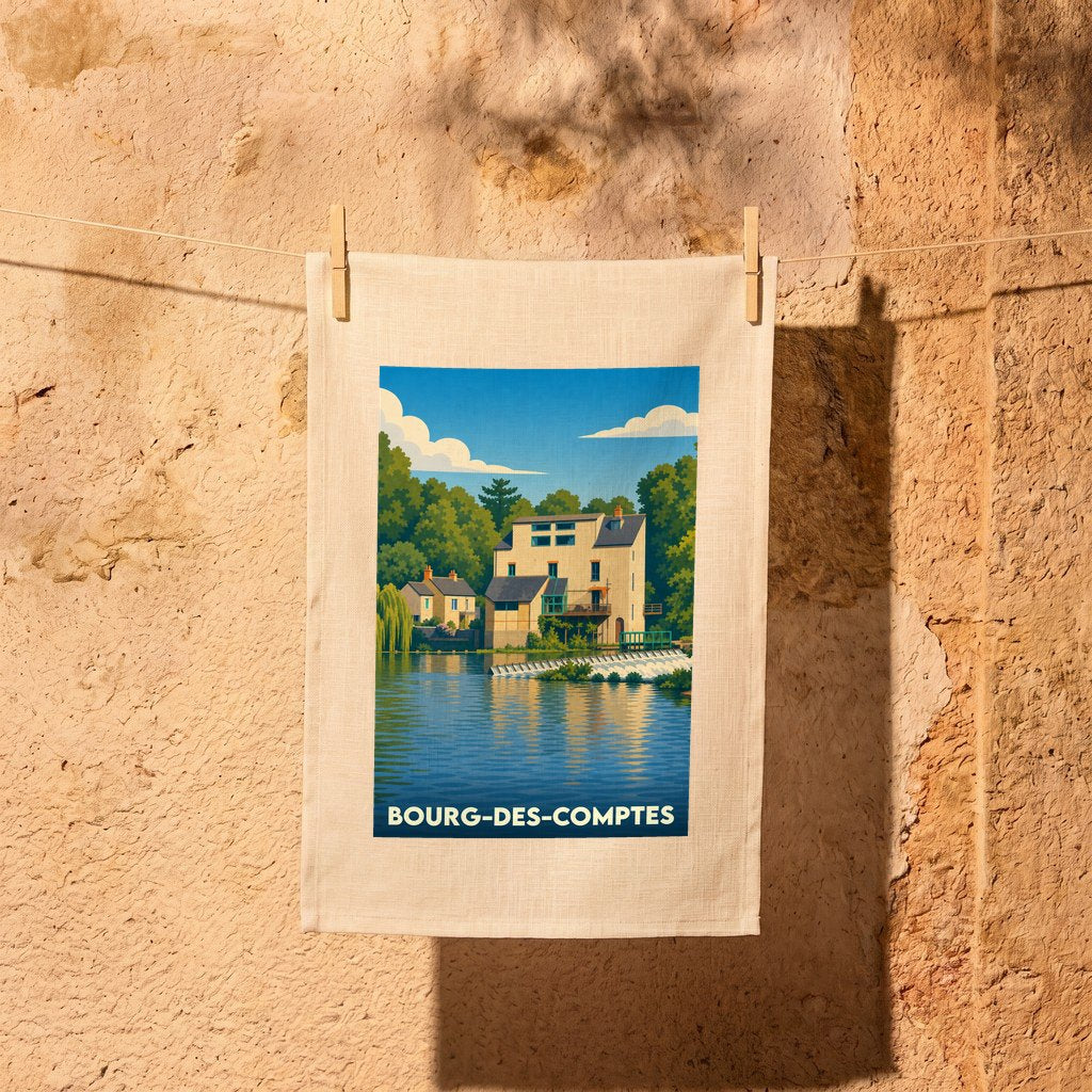 Torchon souvenir de la ville de Bourg-des-Comptes avec une illustration stylisée d'un moulin au bord de l'eau.