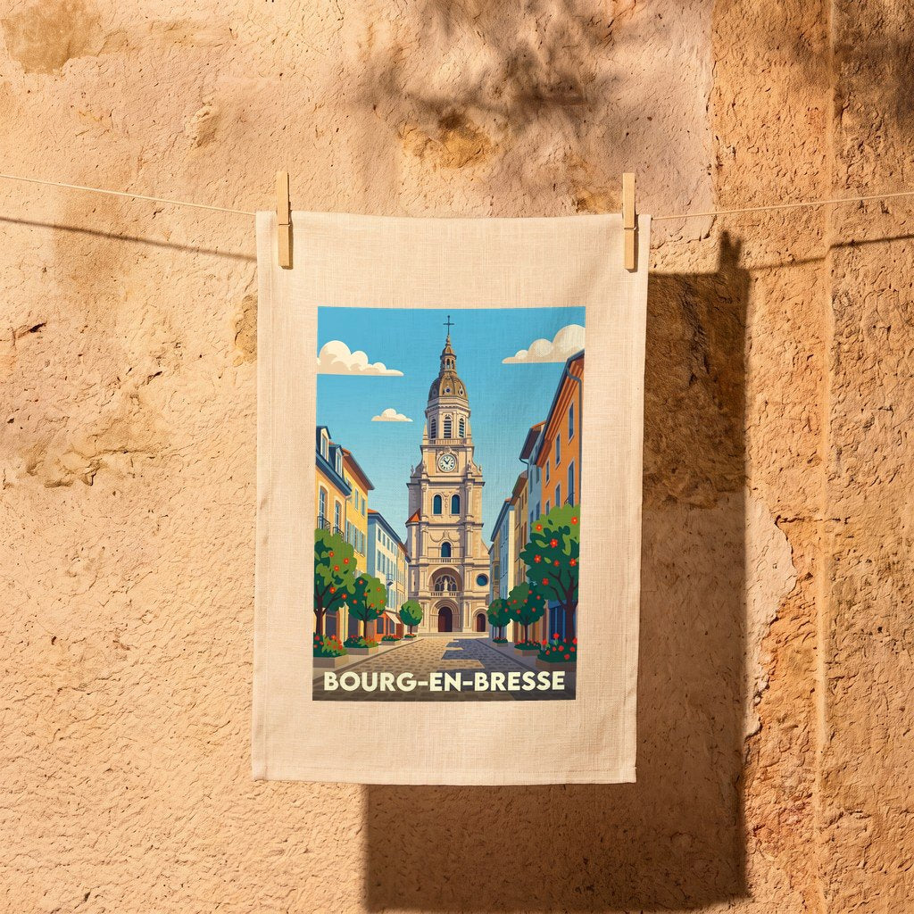Torchon souvenir de la ville de Bourg-en-Bresse avec une illustration stylisée.