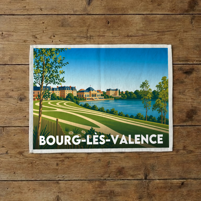 Torchon souvenir de la ville de Bourg-lès-Valence avec une illustration paysagère stylisée.