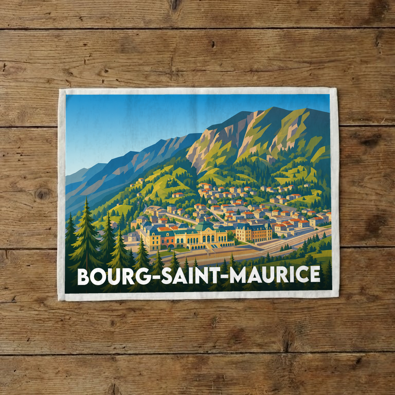 Torchon souvenir de la ville de Bourg-Saint-Maurice avec une illustration stylisée de la commune en montagne.