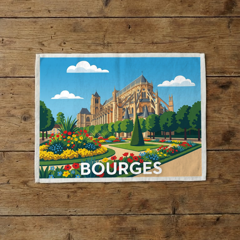 Torchon souvenir de la ville de Bourges avec une illustration stylisée de sa cathédrale et de ses jardins.