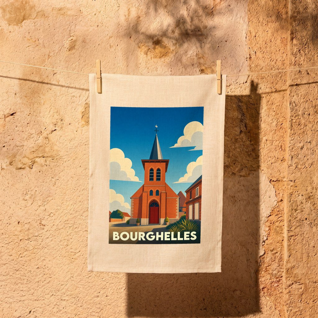 Torchon souvenir de la ville de Bourghelles avec une illustration stylisée de son église.