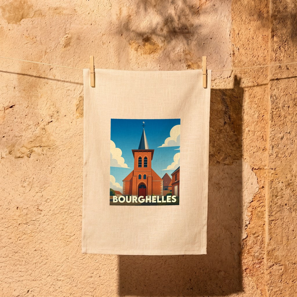 Torchon souvenir de la ville de Bourghelles avec une illustration stylisée de son église.