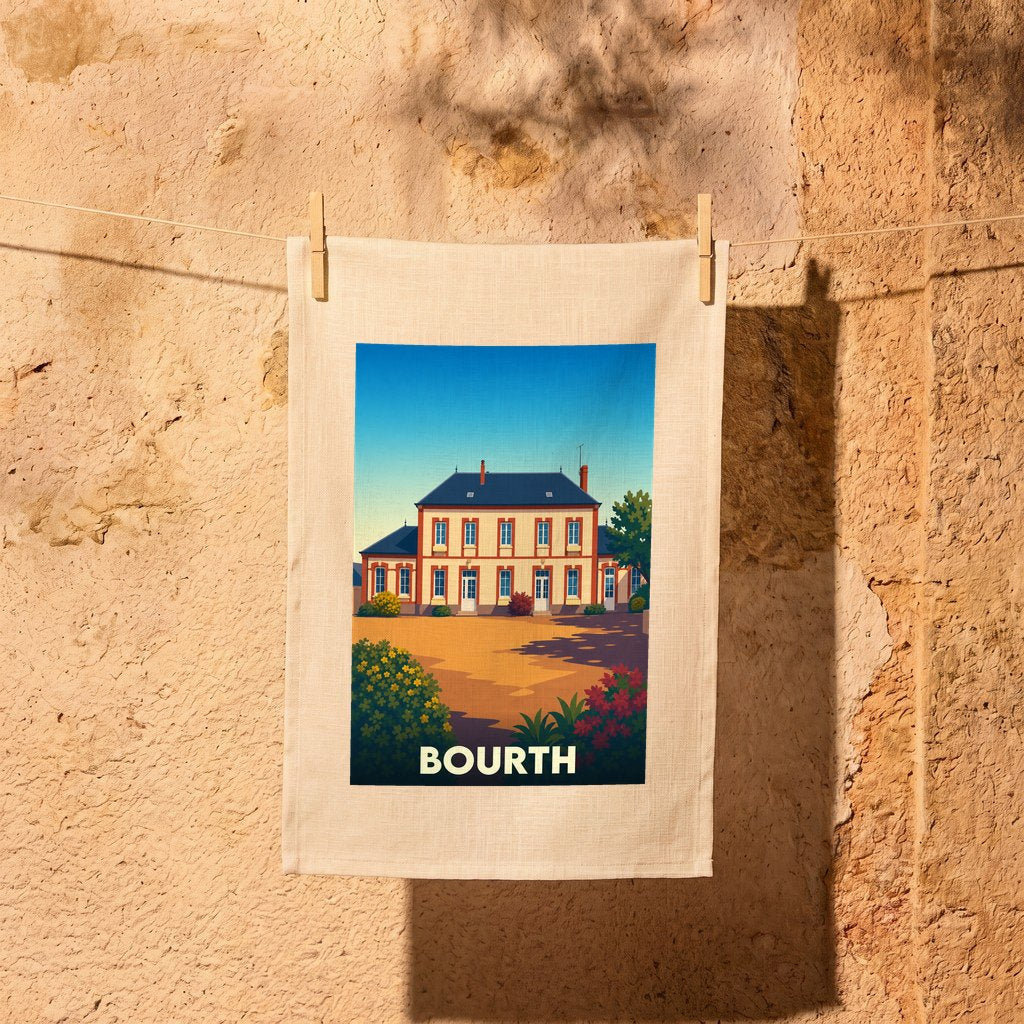 Torchon souvenir de la ville de Bourth avec une illustration stylisée d'une demeure traditionnelle.