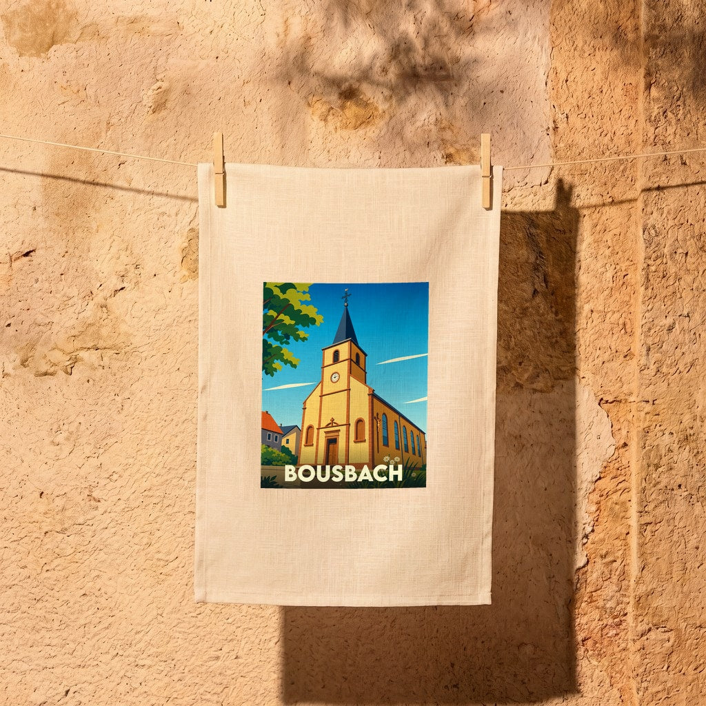 Torchon souvenir de la ville de Bousbach avec une illustration stylisée de son église.