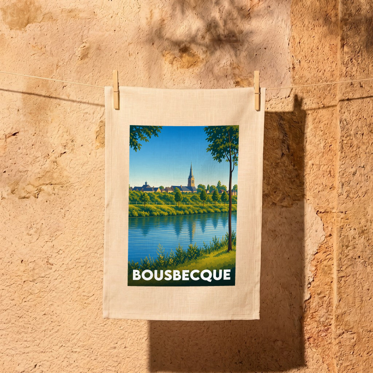 Torchon souvenir de la ville de Bousbecque avec une illustration stylisée de son paysage au bord de l'eau.