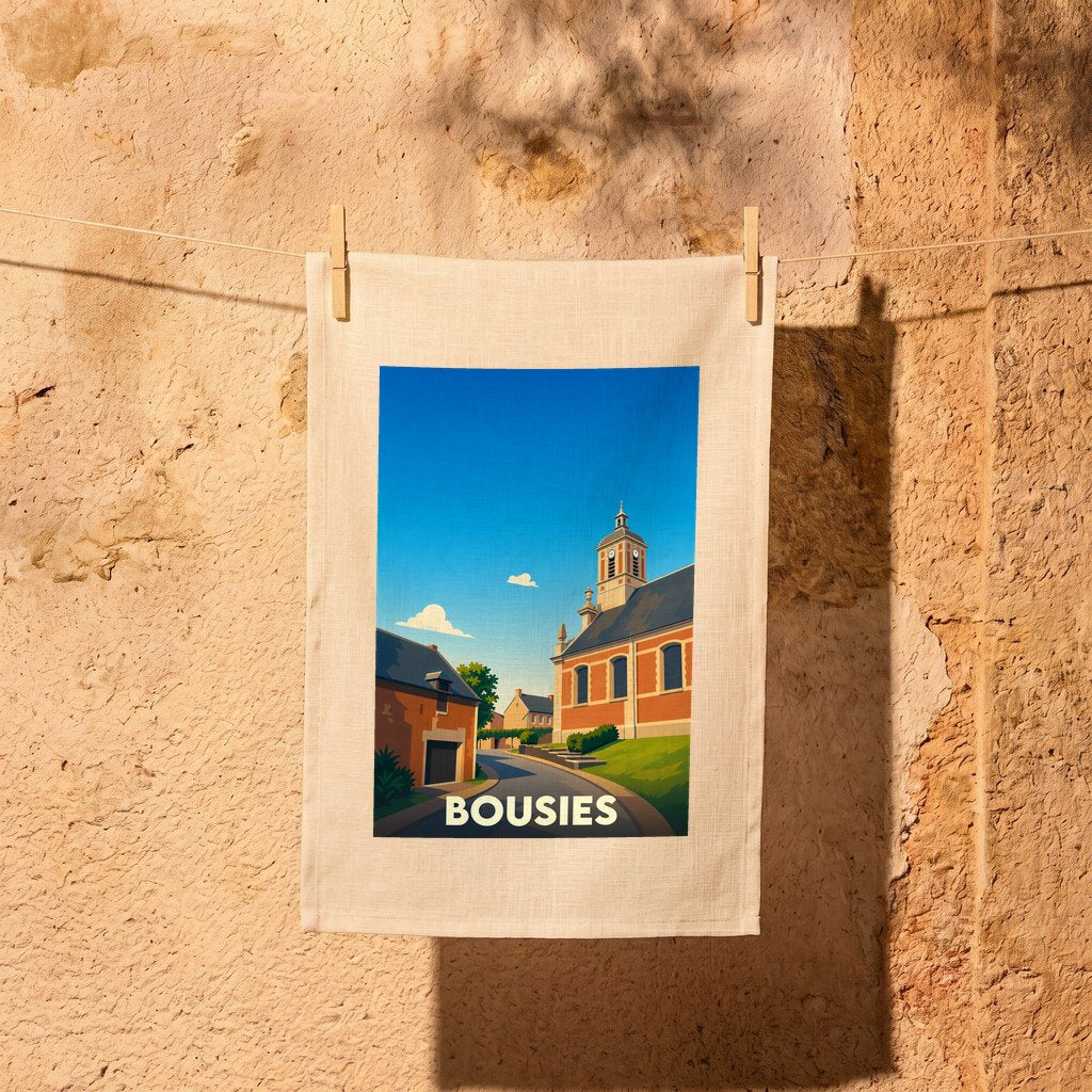 Torchon souvenir de la ville de Bousies orné d'une illustration stylisée de son architecture locale.
