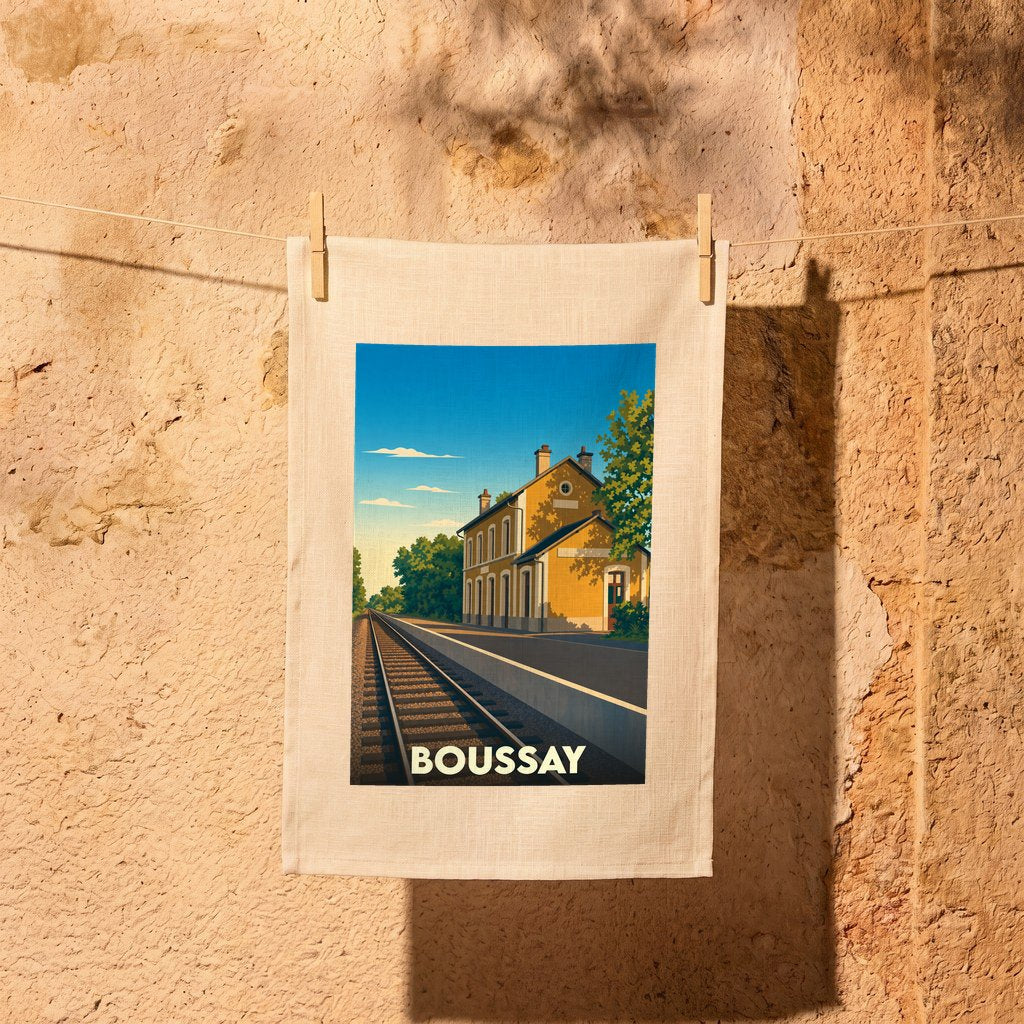 Torchon souvenir de la ville de Boussay illustré d'une gare pittoresque dans un style vintage.