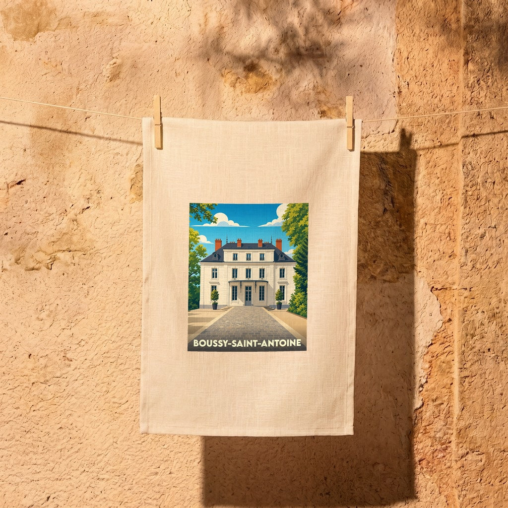 Torchon souvenir de la ville de Boussy-Saint-Antoine avec une illustration stylisée d'une demeure bourgeoise.