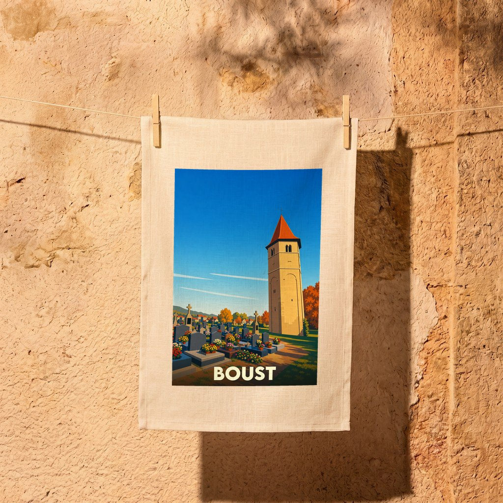 Torchon souvenir de la ville de Boust avec une illustration stylisée de son église et de son cimetière.