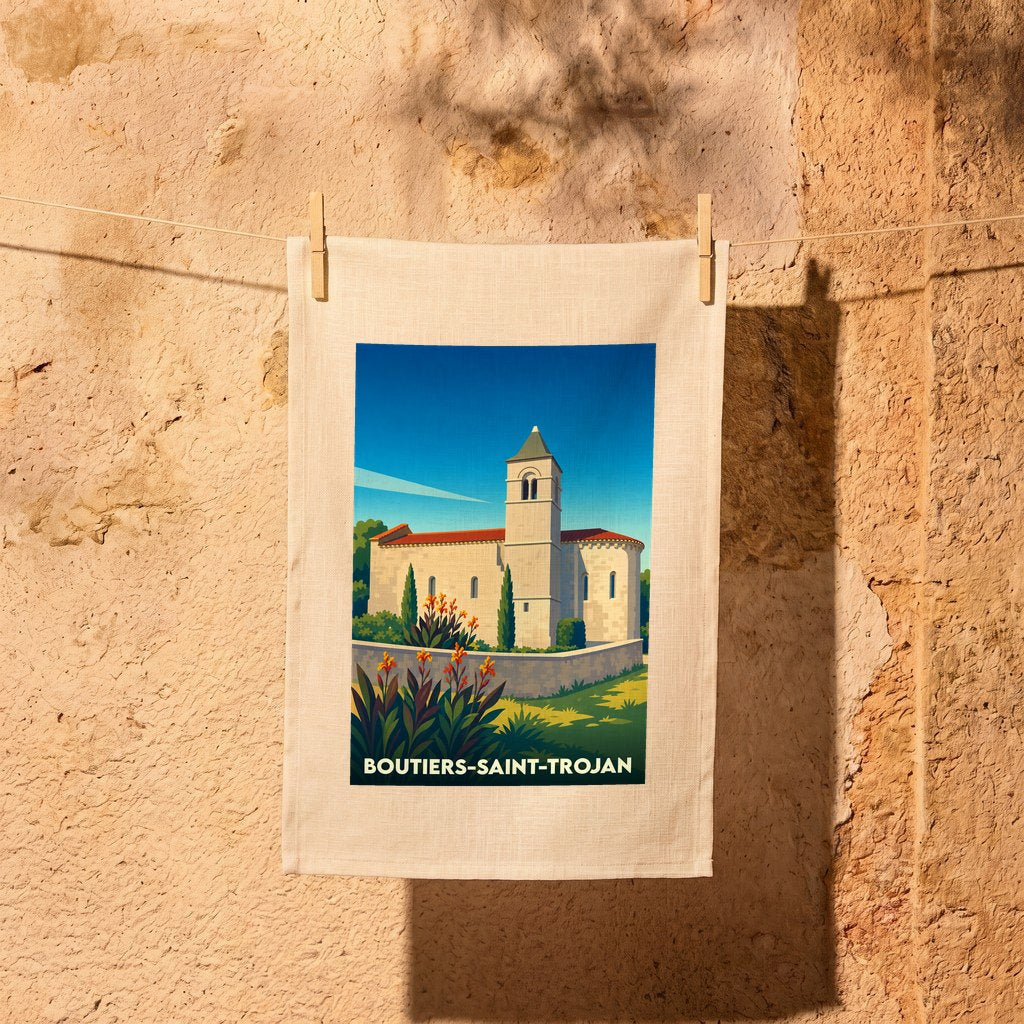 Torchon souvenir de la ville de Boutiers-Saint-Trojan avec une illustration stylisée de son église romane.