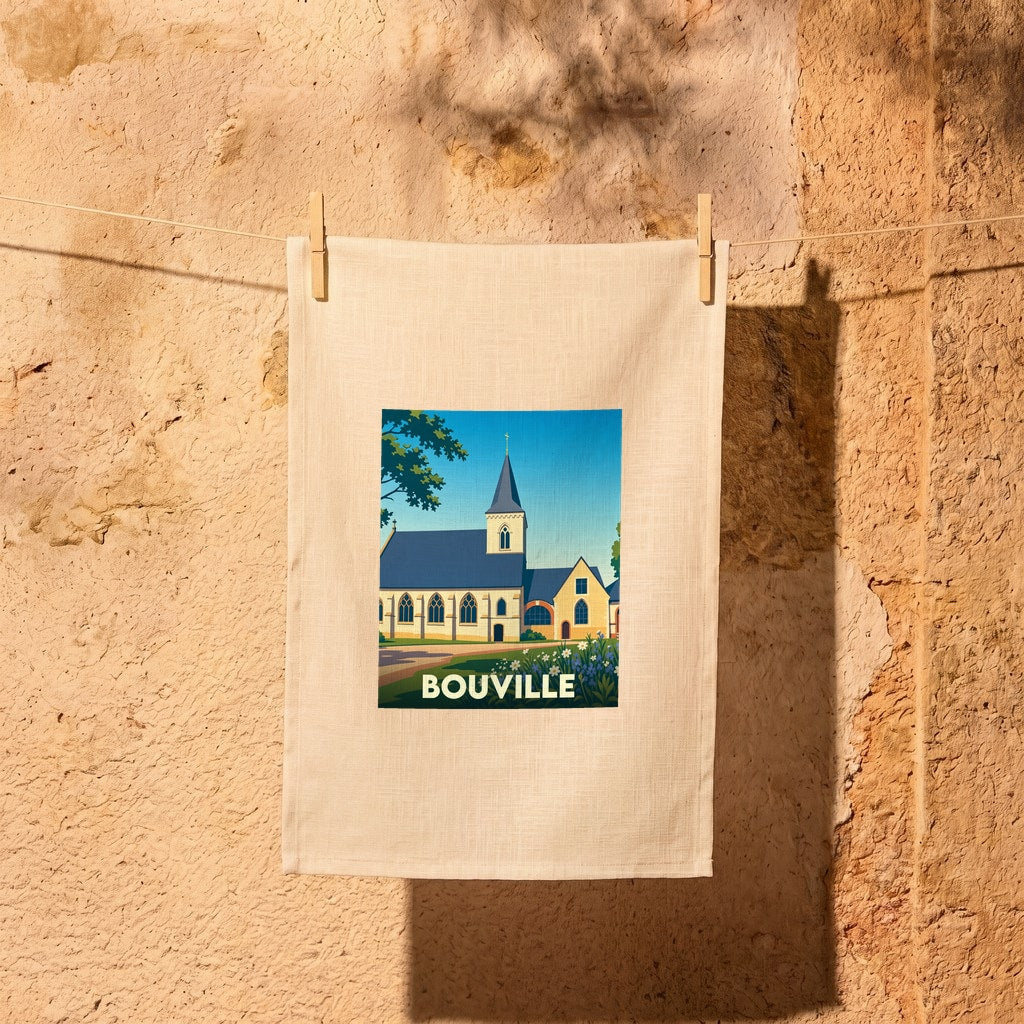Torchon souvenir de la ville de Bouville avec une illustration stylisée d'une église.